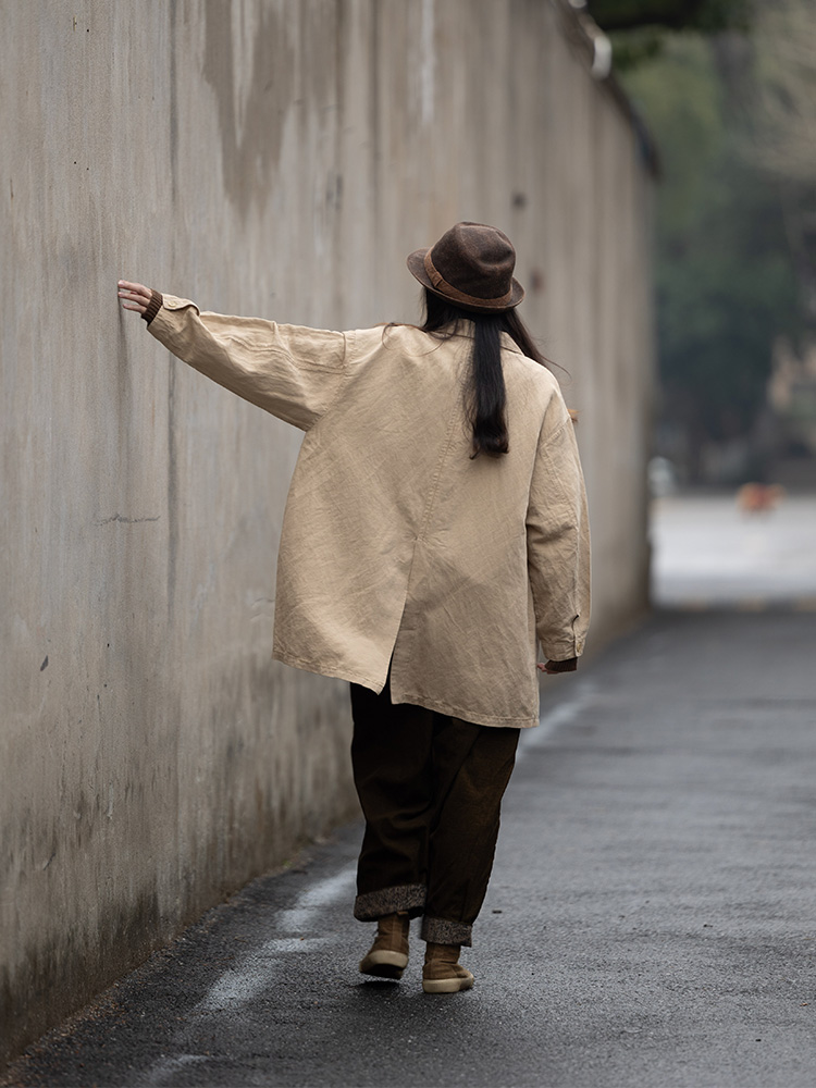 封面是花 汉麻棉 休闲西装领 中长风衣外套