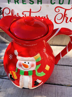 陶瓷摆件奶壶花瓶送盖子花插冷水壶美式圣诞节雪人礼品出口外贸大