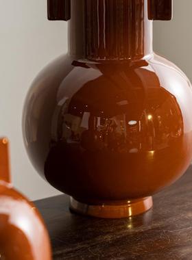 高级感法式中古陶瓷花瓶奶咖棕色设计师款艺术装饰品