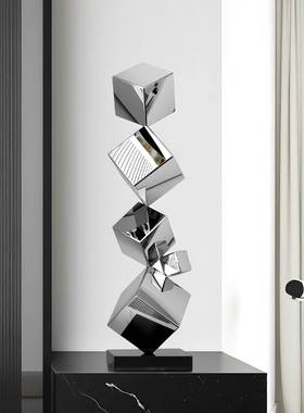 现代简约几何方形叠层不锈钢摆件玄关客厅卧室样板房家居装饰品