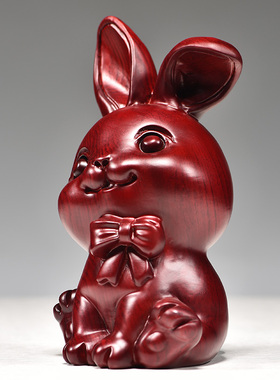 红色木质兔子生肖兔摆件木雕兔属相雕刻家居客厅摆设红木工艺礼品