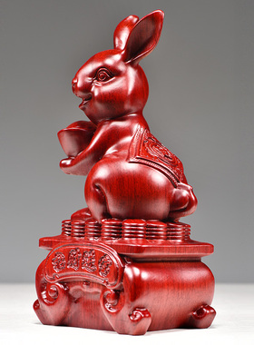 红色木雕刻兔子生肖兔摆件木质兔客厅装饰开业送礼家居装饰工艺品
