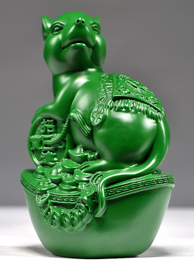 绿色木雕老鼠摆件十二生肖木质鼠雕刻家居客厅装饰红木工艺品送礼