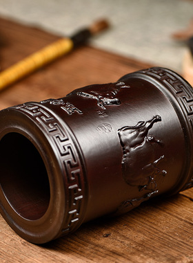 笔筒摆件黑檀实木质五牛图笔筒雕刻办公桌面书房摆设新中式送礼品