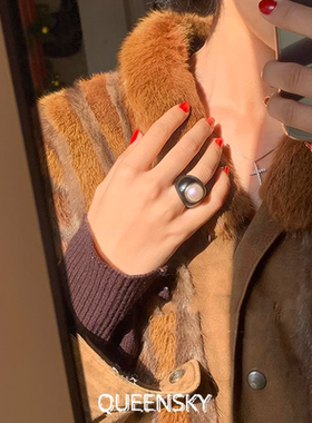 黑色珐琅釉珍珠宽版戒指中古戒指