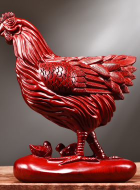 红花梨木雕母鸡摆件实木生肖装饰