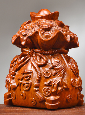 木雕乾坤袋福袋摆件实木聚宝盆