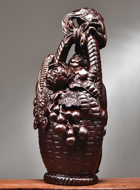 黑檀木雕大丰收花篮摆件实木装饰