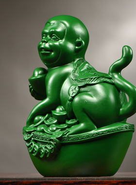 绿色木雕猴子摆件动物生肖装饰