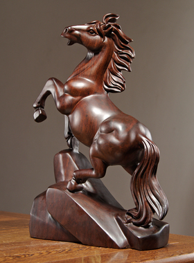 黑檀木雕生肖马摆件实木马到成功