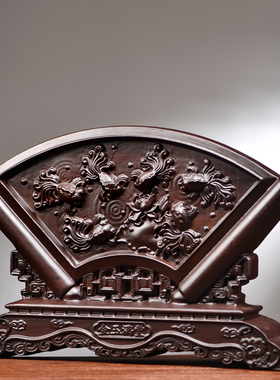 黑檀木雕金玉满堂屏风扇形摆件