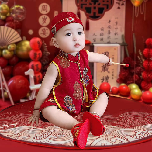 宝宝周岁礼服男婴儿生日抓周满月百天宴衣服新中式一岁唐装夏季薄 - 图0
