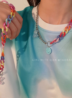 亚克力透明小熊笑脸项链女ins嘻哈小众个性配饰钛钢不掉色毛衣链