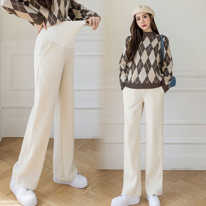 Maternity wide-leg pants for outer wear in spring, autumn and winter, new straight-leg loose long pants, casual loose maternity pants plus velvet