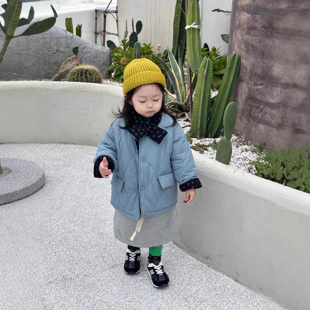 两面穿~韩系童装男女童复古碎花两面配围巾绗缝夹棉蓝色棉服外套 - 图2