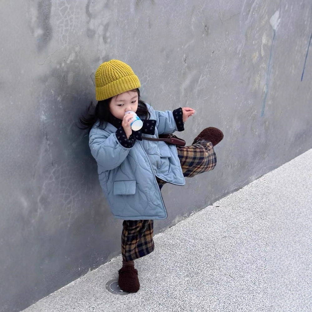 两面穿~韩系童装男女童复古碎花两面配围巾绗缝夹棉蓝色棉服外套 - 图0