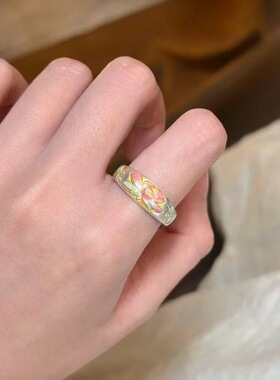 新款珐琅香荷描金荷花活口国风高级感开口戒指小众高级感轻奢设计