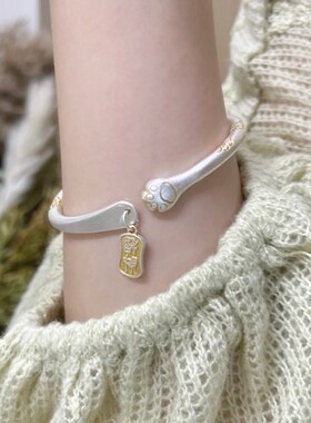 【招米猫】招财纳福牌猫爪对口荷叶猫爪吉言手镯女镀纯银轻奢小众