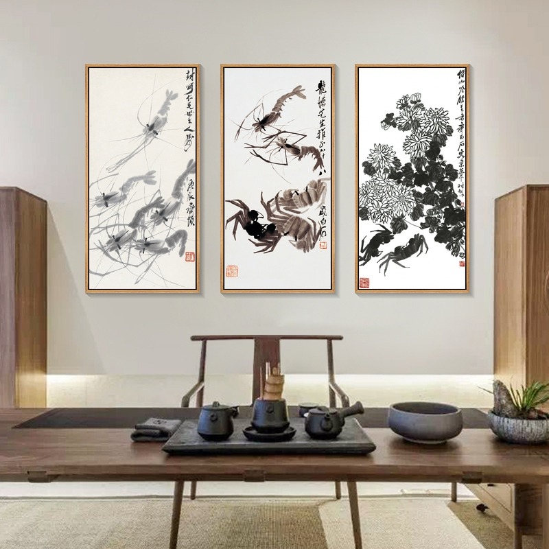 齐白石装饰画禅意水墨画新中式客厅沙发背景墙壁画荷花鸟虾画挂画-图2