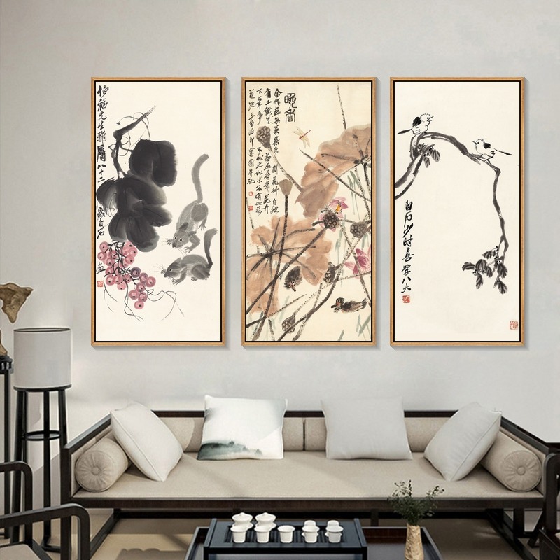 齐白石装饰画禅意水墨画新中式客厅沙发背景墙壁画荷花鸟虾画挂画-图1