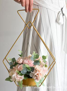 花篮金属藤编铁艺爱心圆形手提花篮几何花盒悬挂花盆桌面装饰摆件