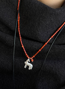 器契qiqi 游马红石串珠吊坠锁骨链 纯银牛骨流苏长项链毛衣链