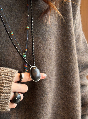 器契qiqi 乌金黑檀牛角纯银串珠项链锁骨链百搭长款吊坠毛衣链