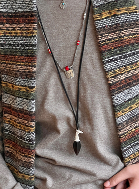 器契qiqi 信物游马纯银乌金黑檀牛骨绳结吊坠长项链串珠choker