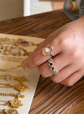 HANYING 花丛折扇戒指古典素圈指环 纯银原创设计气质复古叠搭