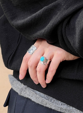 ENSAGE 复古图腾刻纹戒指 925银绿松石指环 小众手工高级质感叠戴