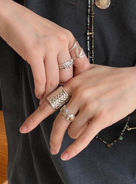 ENSAGE/APT702 925银高级质感简约中性百搭戒指编织盾牌宽戒叠戴