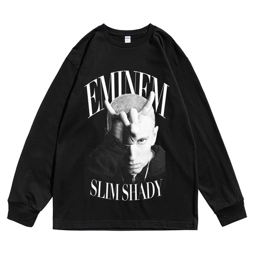 Eminem 八英里8Mile小领口复古水洗做旧纯棉阿姆T短袖T恤长袖同款 - 图3