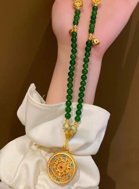 新中式祖母绿色圆珠吊牌项链多圈手链配件如意手串项链女