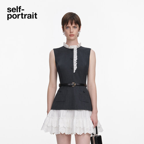 [Jisoo智秀同款]self-portrait2026春夏新款灰混色蕾丝饰边连衣裙 - 图0