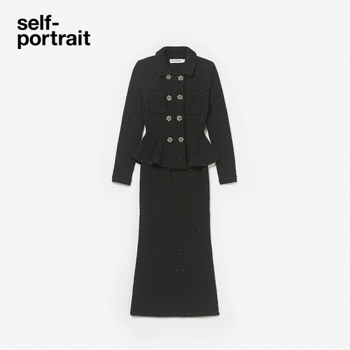 self-portrait 秋冬新款经典黑通勤气质假两件针织连衣裙 - 图3