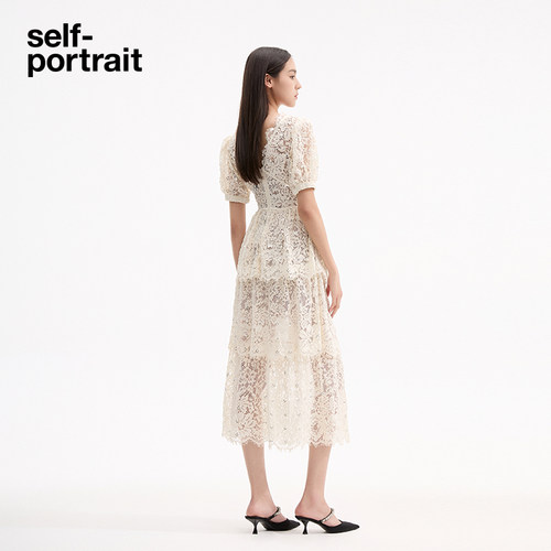 self-portrait 白色SP经典蕾丝重工亮片收腰订婚婚礼长裙连衣裙 - 图1