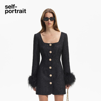 self-portrait 2024 Early spring Classic Black Diamond Decorated Button Feather Long Sleeve Side Collar Dress Dress