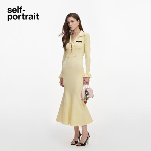 self-portrait 2026早秋新款奶油黄长袖翻领针织连衣裙中长裙 - 图0