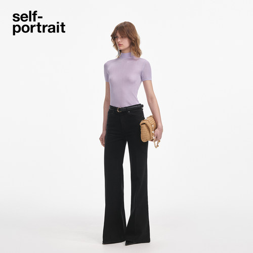 self-portrait 2025早秋新款丁香紫修身短袖半高领打底上衣 - 图1