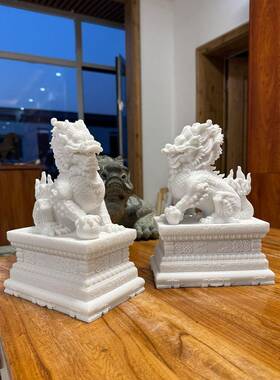 麒麟摆件一对招财店铺客厅门口玄关办公桌石雕汉白玉乔迁开业礼品