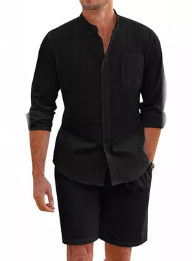 Men's summer cotton and linen long sleeved shirt+shorts set