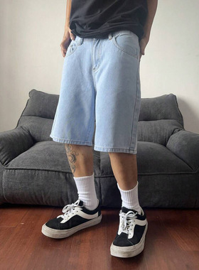 Men's retro denim shorts loose five quarter pants牛仔短裤男