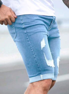 Men's ripped denim shorts蓝色破洞牛仔短裤牛仔裤男夏牛仔裤