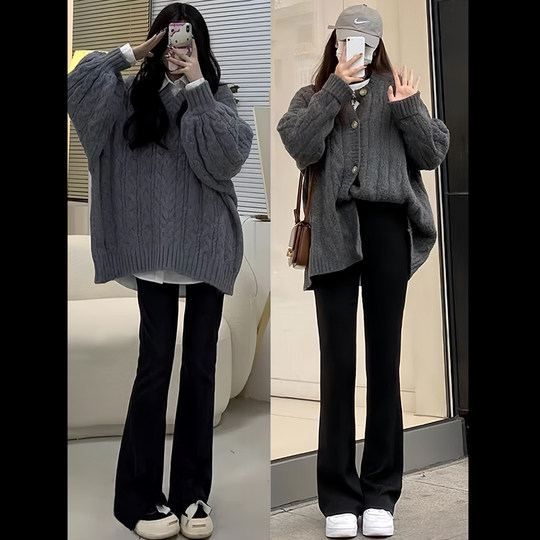 黑色马蹄裤女秋冬加绒2025新款高腰显瘦修身微喇叭裤小个子休闲裤