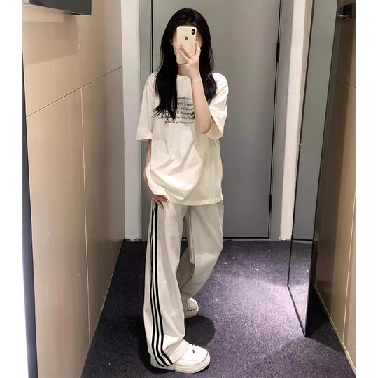 White and gray sweatpants for women summer 2025 new high-waisted straight wide-leg pants for small people spring and autumn casual sports pants