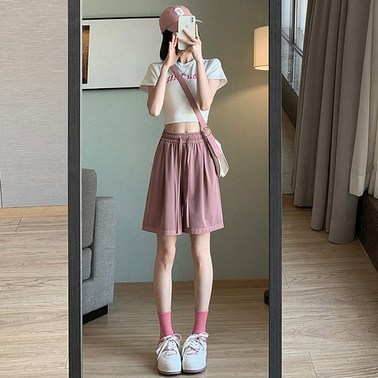 灰色天丝牛仔短裤女夏薄款高腰宽松显瘦学生百搭阔腿五分休闲中裤