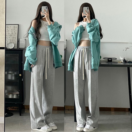 Gray wide leg pants for women in spring, autumn and winter with high waist and slimming