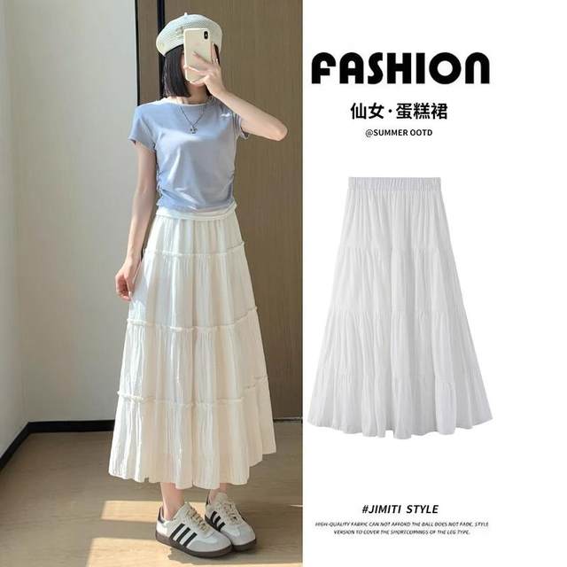 White cake skirt for women in summer 2025 new high waist mid-length A-line skirt ballet style lace fluffy skirt