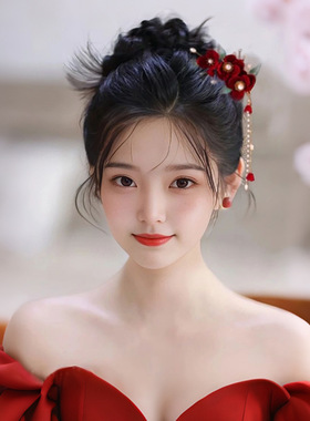 古风红色绒花边夹u型发簪全套汉服新娘头饰发夹珍珠流苏百搭喜庆