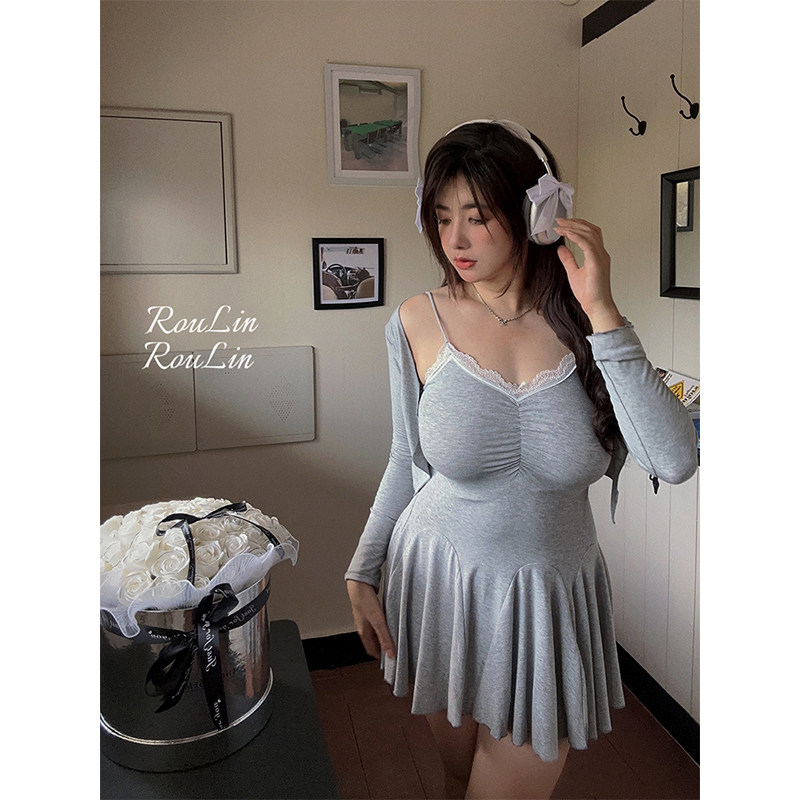 小肉琳微胖mm大码连衣裙子性感修身显瘦吊带女春夏开衫套装两件套,淘宝优惠券,粉丝福利购,淘宝优惠卷